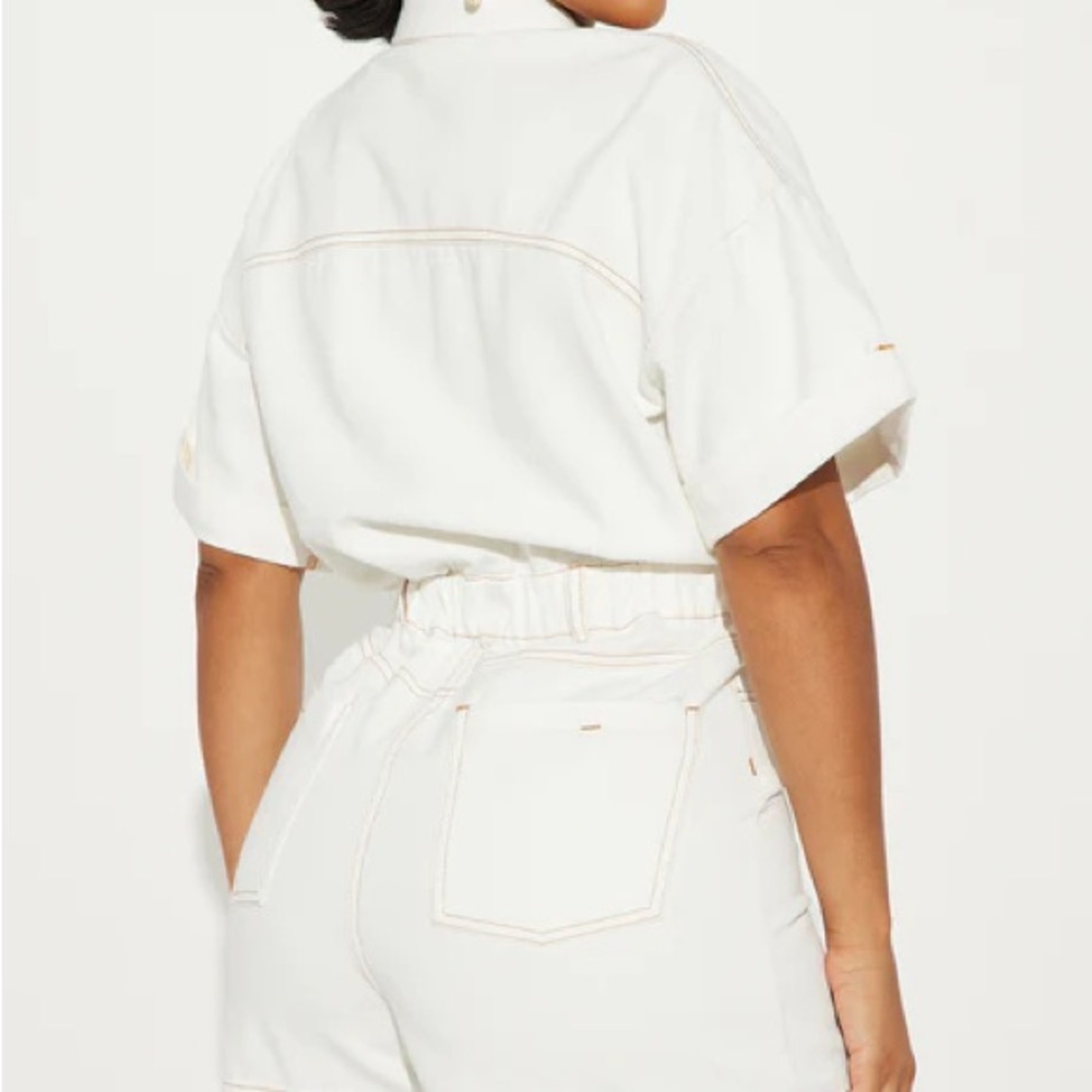 White Button-Up Denim Romper - Picture 2 of 5
